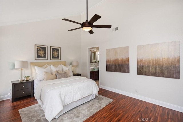 27869 Mazagon Unit 111, Mission Viejo, CA 92692 - bedroom with baseboards, wood finished floors, crown molding, ensuite bath, and ceiling fan