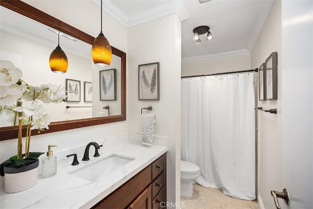 27869 Mazagon Unit 111, Mission Viejo, CA 92692 - bathroom with vanity, toilet, crown molding, and a shower with shower curtain