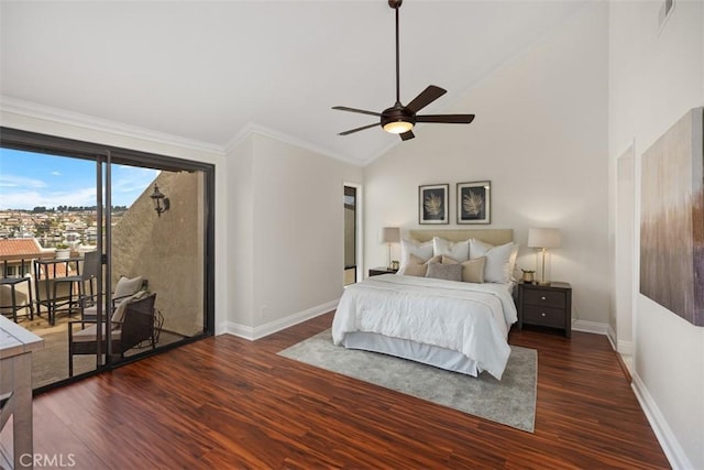 27869 Mazagon Unit 111, Mission Viejo, CA 92692 - bedroom with access to exterior, wood finished floors, baseboards, crown molding, and vaulted ceiling