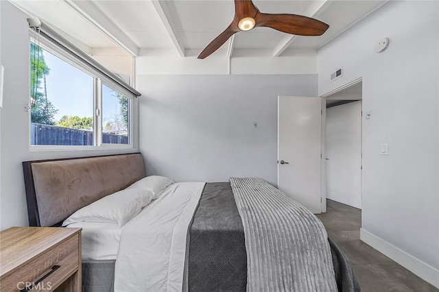 bedroom featuring visible vents, ceiling fan, beamed ceiling, and baseboards