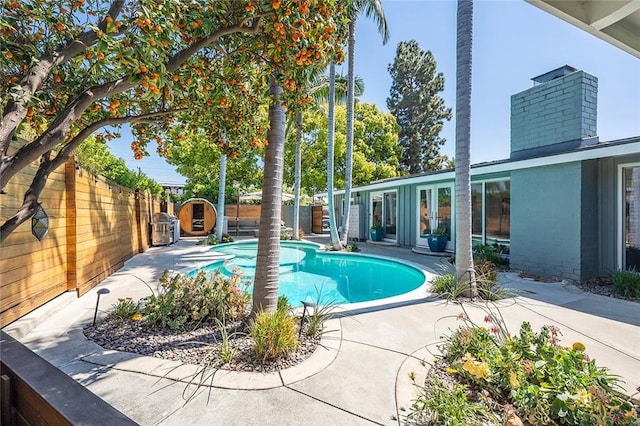 view of pool featuring a fenced in pool, a patio, french doors, and a fenced backyard