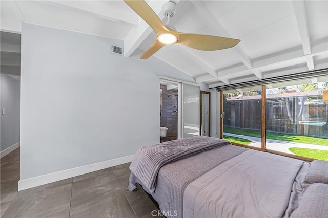bedroom featuring visible vents, ensuite bathroom, access to exterior, baseboards, and a ceiling fan