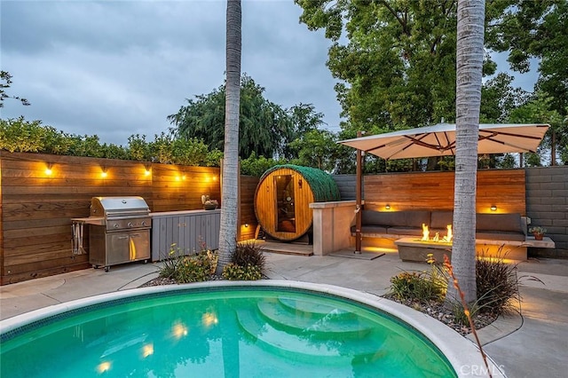 3109 Pattiz Ave, Long Beach, CA 90808 - view of pool featuring a fire pit, area for grilling, a patio area, and a fenced backyard