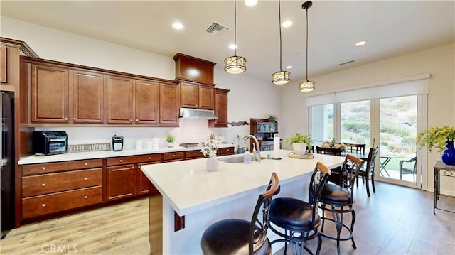kitchen with light countertops, under cabinet range hood, light wood finished floors, and visible vents