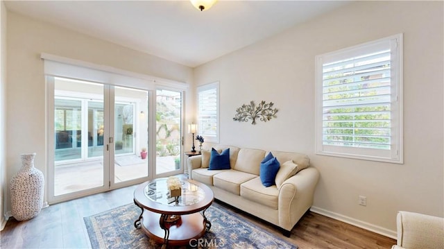 living room with baseboards and wood finished floors