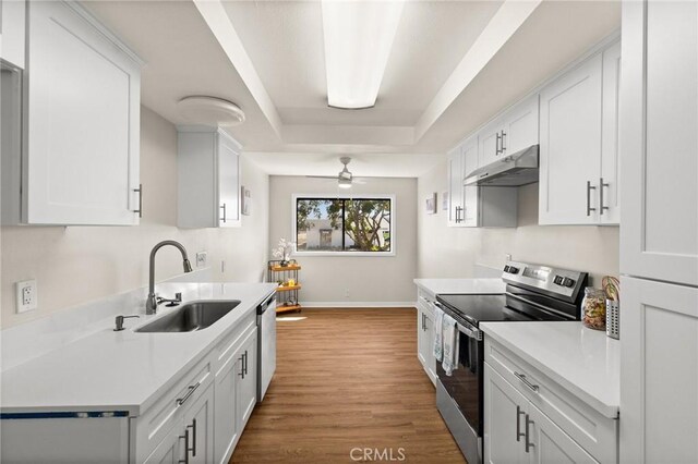 6279 Lincoln Ave, Buena Park, CA 90620 - kitchen featuring stainless steel appliances, under cabinet range hood, a tray ceiling, light wood finished floors, and light countertops