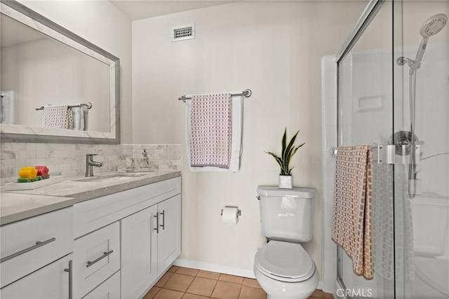 6279 Lincoln Ave, Buena Park, CA 90620 - bathroom featuring vanity, a stall shower, tile patterned floors, and tasteful backsplash
