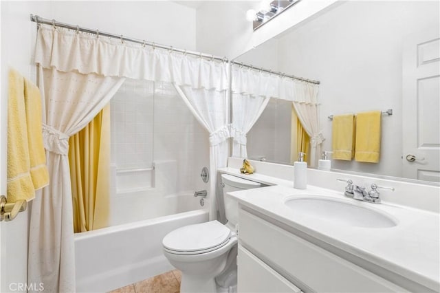 5775 Myrtle Beach Dr, Banning, CA 92220 - bathroom with toilet, shower / bath combination with curtain, vanity, and tile patterned floors