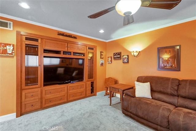 18137 Galatina St, Rowland Heights, CA 91748 - living room with crown molding, light carpet, recessed lighting, and ceiling fan