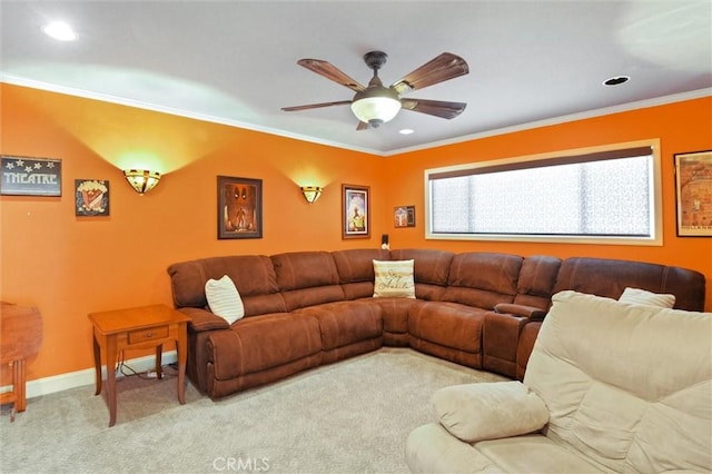 18137 Galatina St, Rowland Heights, CA 91748 - living room with crown molding, carpet flooring, ceiling fan, and recessed lighting