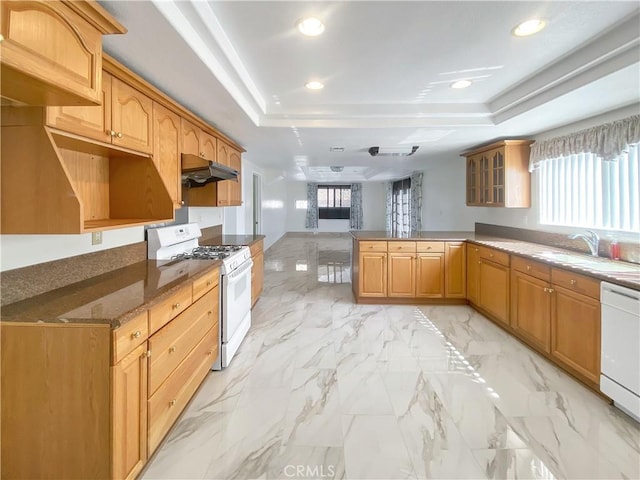 13827 Olathe Rd, Apple Valley, CA 92307 - kitchen featuring white appliances, under cabinet range hood, a tray ceiling, a sink, and a peninsula