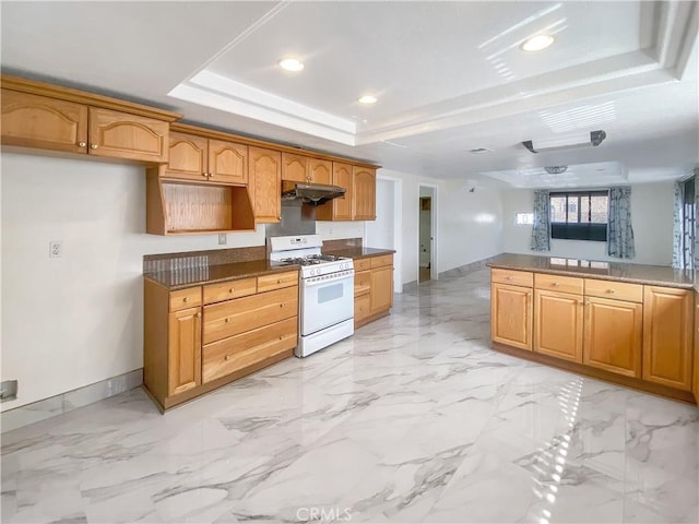 13827 Olathe Rd, Apple Valley, CA 92307 - kitchen with white gas stove, a tray ceiling, recessed lighting, dark countertops, and under cabinet range hood