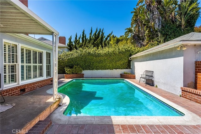 view of swimming pool featuring fence, a patio, and a fenced in pool