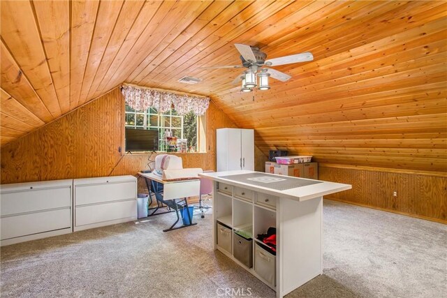 6180 Cedar Ave, Angelus Oaks, CA 92305 - additional living space with wooden ceiling, wood walls, light carpet, vaulted ceiling, and ceiling fan