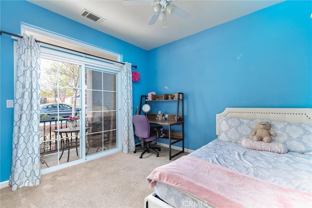carpeted bedroom with baseboards, ceiling fan, visible vents, and access to outside