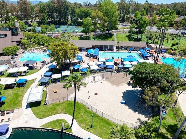 aerial view of a pool area