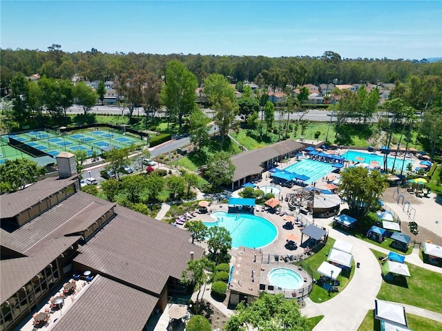 drone / aerial view of a pool area