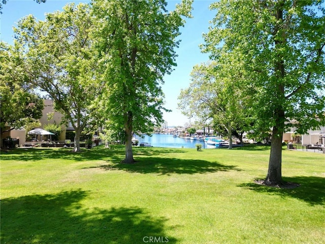 view of green lawn featuring a water view
