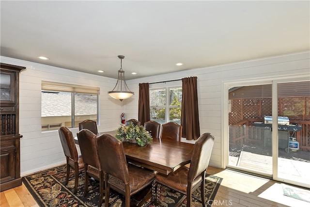 279 Bluebird Ct, Big Bear Lake, CA 92315 - dining area with wooden walls, recessed lighting, and light wood-type flooring