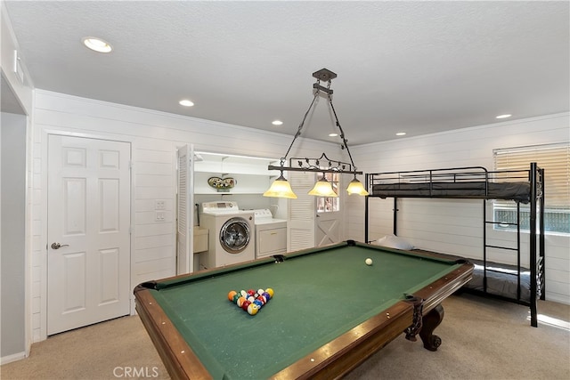 279 Bluebird Ct, Big Bear Lake, CA 92315 - game room with light carpet, billiards, washer and dryer, and a textured ceiling