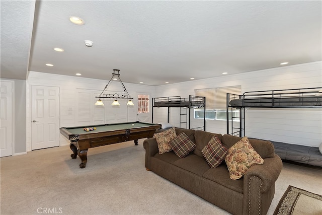 279 Bluebird Ct, Big Bear Lake, CA 92315 - rec room featuring a textured ceiling, carpet flooring, pool table, and recessed lighting
