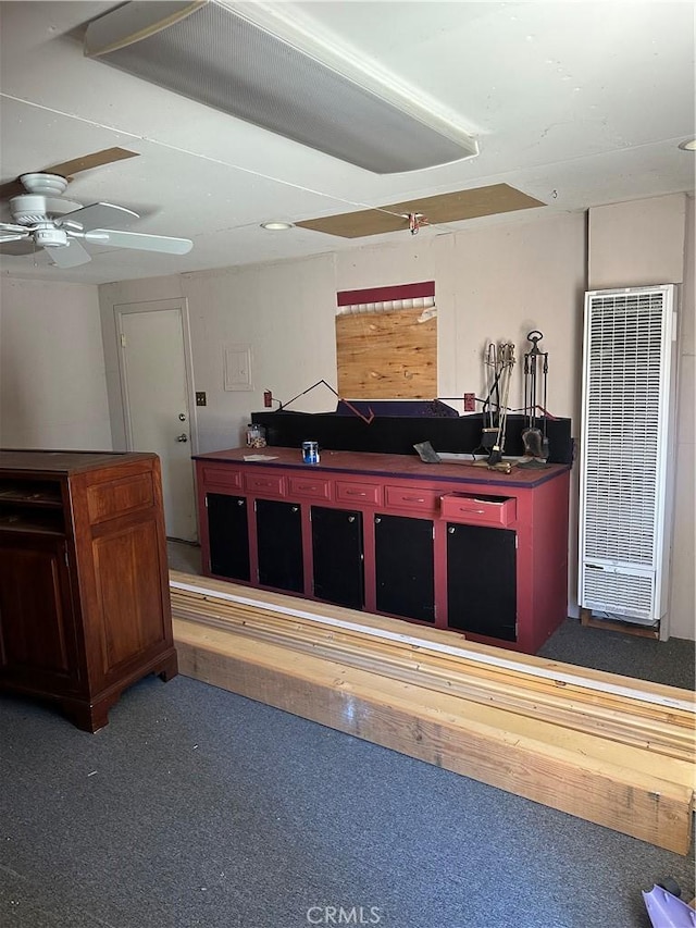 279 Bluebird Ct, Big Bear Lake, CA 92315 - kitchen featuring a ceiling fan, carpet floors, and a heating unit
