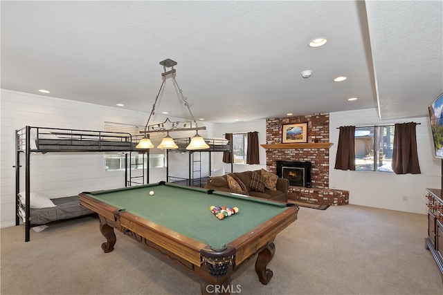 279 Bluebird Ct, Big Bear Lake, CA 92315 - playroom with carpet flooring, a brick fireplace, pool table, and recessed lighting