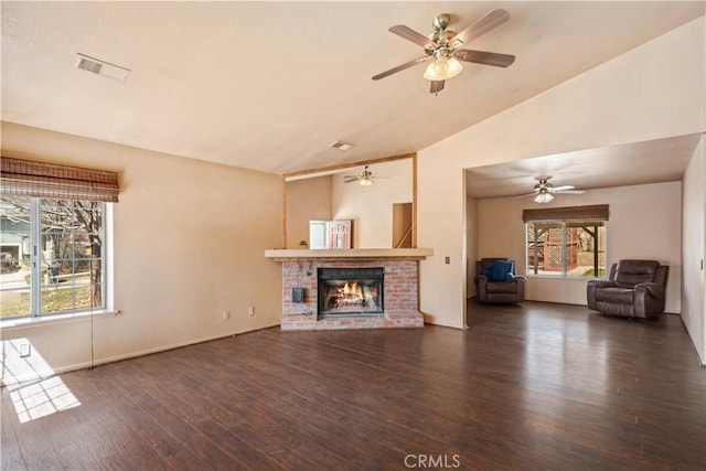 14935 Elizabeth Lake Rd, Lake Elizabeth, CA 93532 - unfurnished living room with lofted ceiling, ceiling fan, visible vents, and wood finished floors