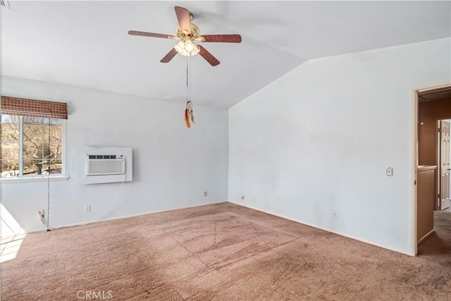 14935 Elizabeth Lake Rd, Lake Elizabeth, CA 93532 - empty room with a wall mounted air conditioner, carpet floors, ceiling fan, and vaulted ceiling