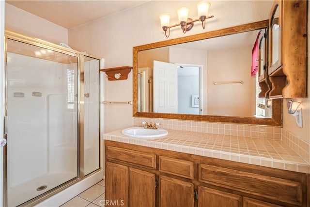 14935 Elizabeth Lake Rd, Lake Elizabeth, CA 93532 - bathroom with backsplash, tile patterned flooring, vanity, and a stall shower