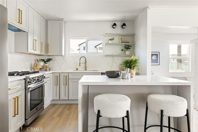 kitchen with a sink, high end stainless steel range, a kitchen breakfast bar, and plenty of natural light
