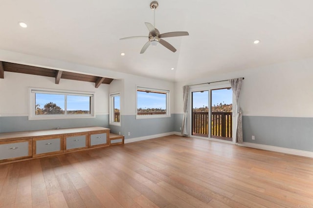 interior space featuring vaulted ceiling with beams, recessed lighting, a ceiling fan, and light wood finished floors