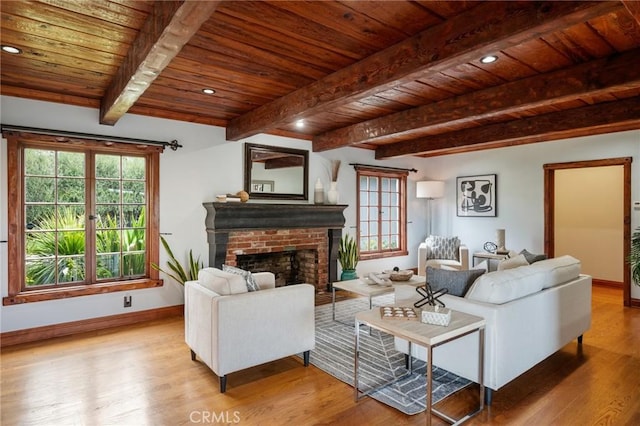 2501 Novato Pl, Palos Verdes Estates, CA 90274 - living room featuring wooden ceiling with exposed beams, baseboards, wood finished floors, plenty of natural light, and recessed lighting