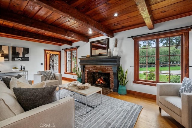 2501 Novato Pl, Palos Verdes Estates, CA 90274 - living area featuring wood ceiling with exposed beams, baseboards, wood finished floors, a brick fireplace, and recessed lighting