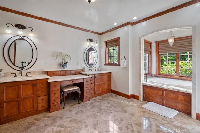 full bathroom with crown molding, a bath, vanity, and baseboards