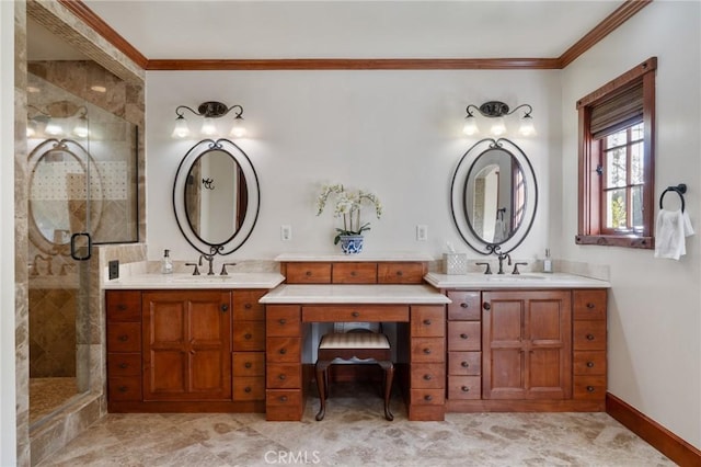 full bath with crown molding, a stall shower, two vanities, and a sink