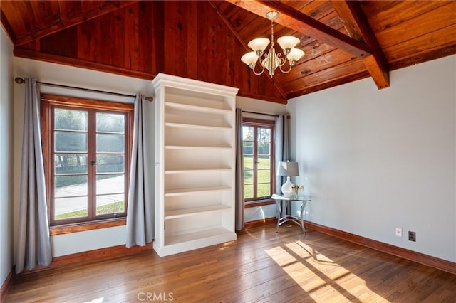 unfurnished room with lofted ceiling with beams, wooden ceiling, hardwood / wood-style flooring, and baseboards