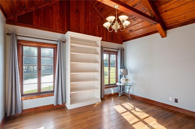 2501 Novato Pl, Palos Verdes Estates, CA 90274 - spare room featuring wood ceiling, hardwood / wood-style floors, baseboards, and a chandelier