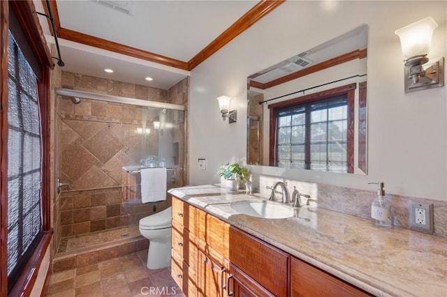 2501 Novato Pl, Palos Verdes Estates, CA 90274 - full bathroom with vanity, toilet, a stall shower, and crown molding