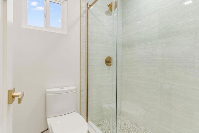 bathroom with a shower stall and toilet