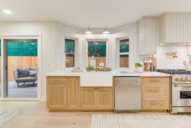 kitchen featuring light countertops, light wood-style floors, a peninsula, high end stainless steel range oven, and decorative backsplash
