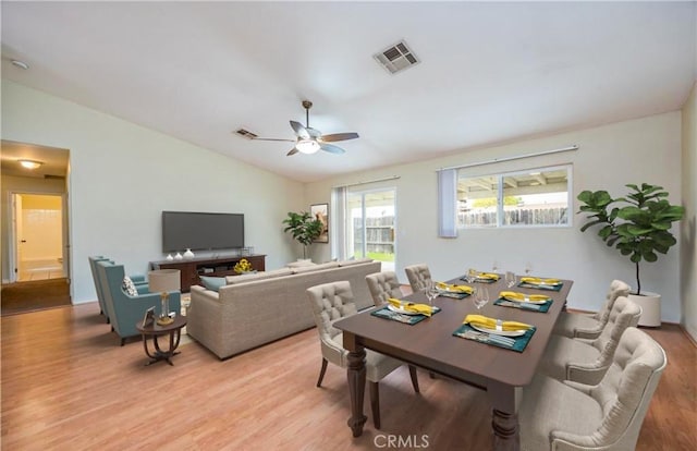 5420 Chiquita Ln, San Bernardino, CA 92404 - dining space featuring vaulted ceiling, light wood finished floors, and ceiling fan