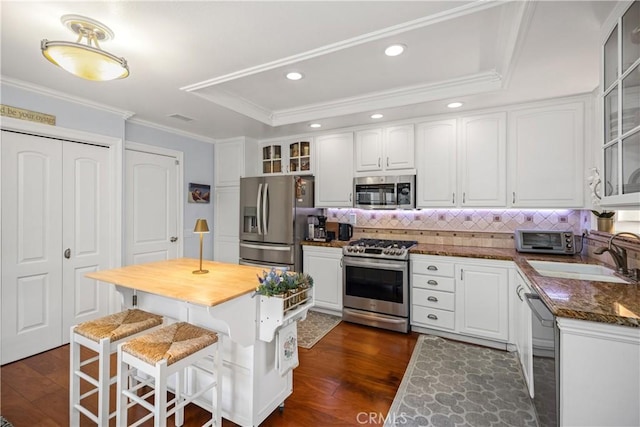 22876 Montalvo Rd, Laguna Niguel, CA 92677 - kitchen with appliances with stainless steel finishes, a sink, crown molding, a raised ceiling, and tasteful backsplash
