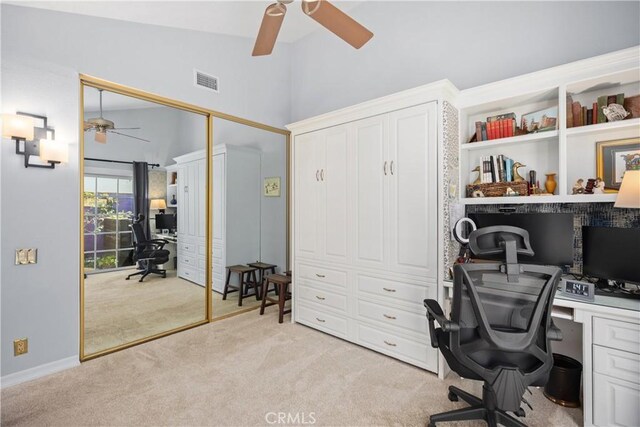 22876 Montalvo Rd, Laguna Niguel, CA 92677 - office area featuring ceiling fan, light colored carpet, and vaulted ceiling