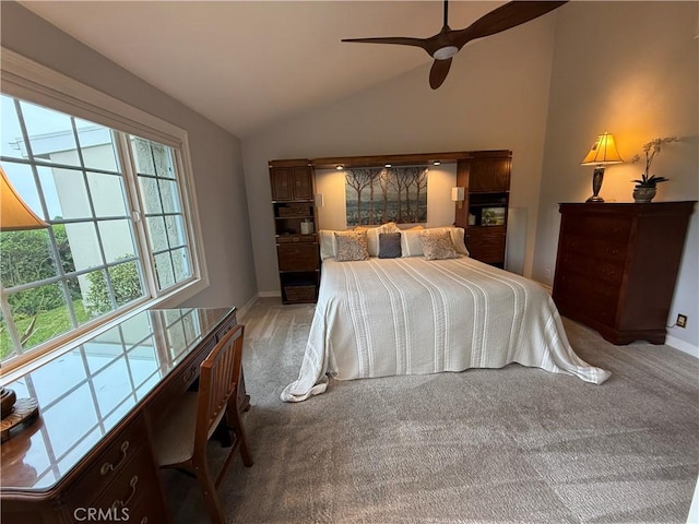 22876 Montalvo Rd, Laguna Niguel, CA 92677 - bedroom featuring light colored carpet, lofted ceiling, baseboards, and a ceiling fan