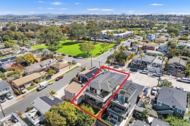 2264 Soto St, San Diego, CA 92107 - aerial perspective of suburban area with property parcel outlined and a mountainous background