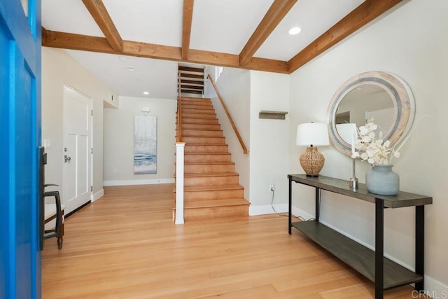 2264 Soto St, San Diego, CA 92107 - entryway with light wood finished floors, stairs, baseboards, recessed lighting, and beam ceiling