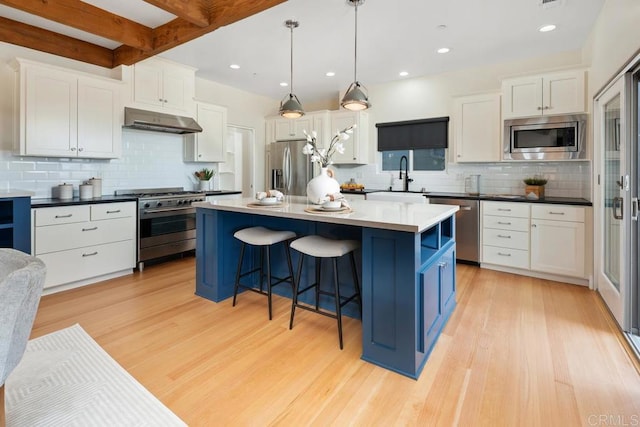 2264 Soto St, San Diego, CA 92107 - kitchen featuring stainless steel appliances, under cabinet range hood, decorative backsplash, a sink, and recessed lighting