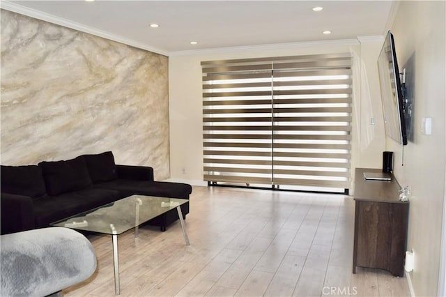 living area with recessed lighting, wood finished floors, and ornamental molding