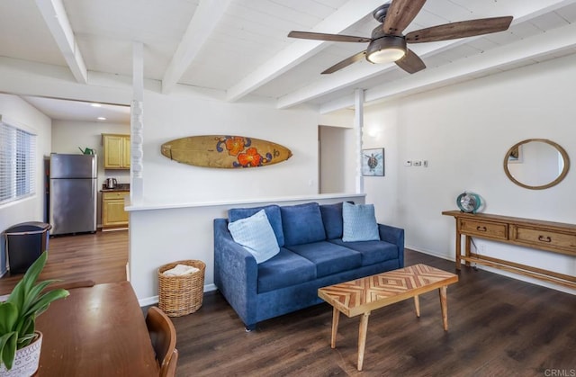 303305 Sanford St, Encinitas, CA 92024 - living area with beam ceiling, dark wood-style flooring, ceiling fan, and baseboards